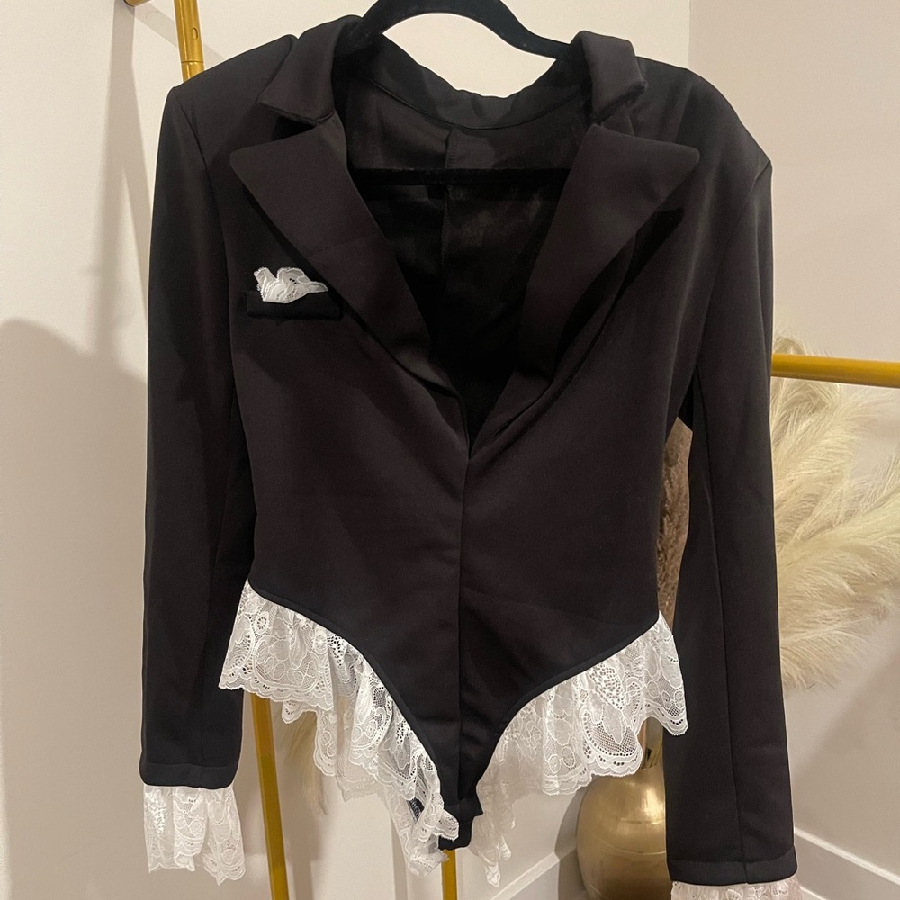 V Neck Romper Lace Trim Blazer Bodysuit